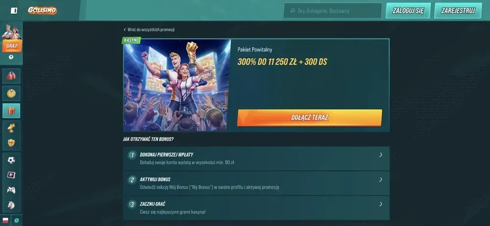 Golisimo bonus powitalny - strona pakietu z krokami aktywacji