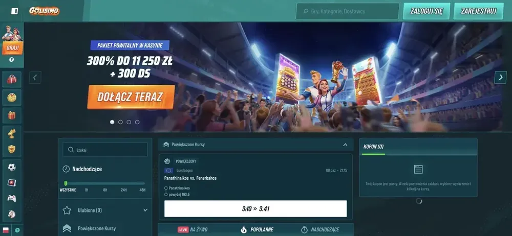 Golisimo kod promocyjny - baner pakietu 300% na stronie głównej