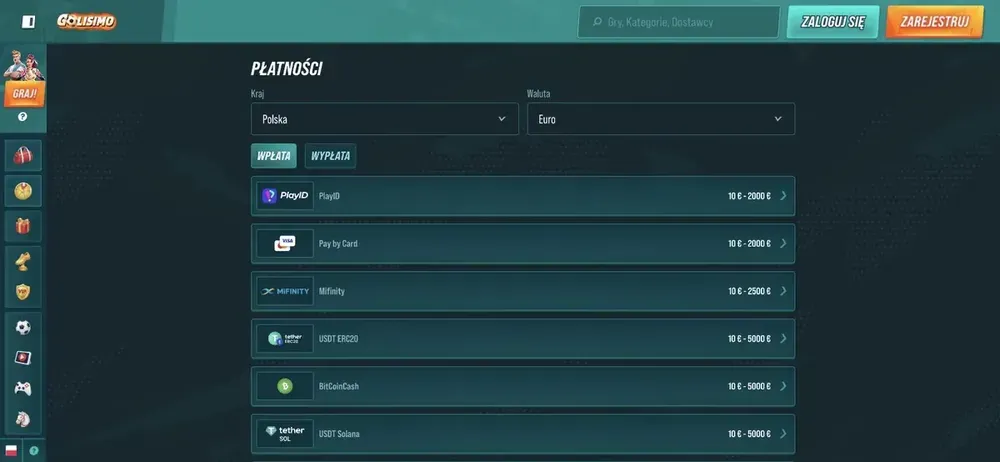 Golisimo bonus - metody wpłaty PlayID, karta, MiFinity i krypto