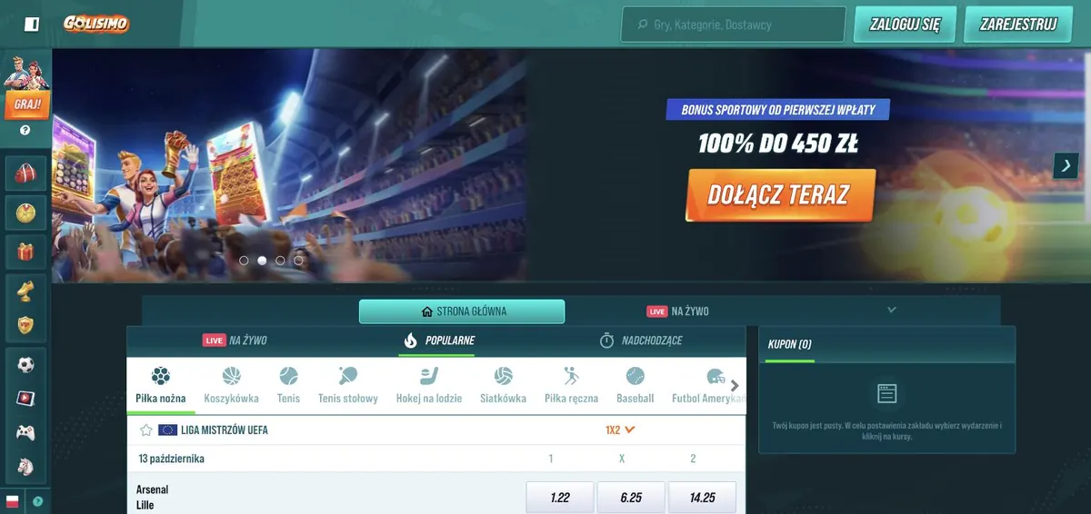 Golisimo bonus sportowy - baner 100% do 450 zł nad kuponem